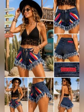 GJG Denim Women’s Rainbow Trim Dark Blue Denim Jean Shorts